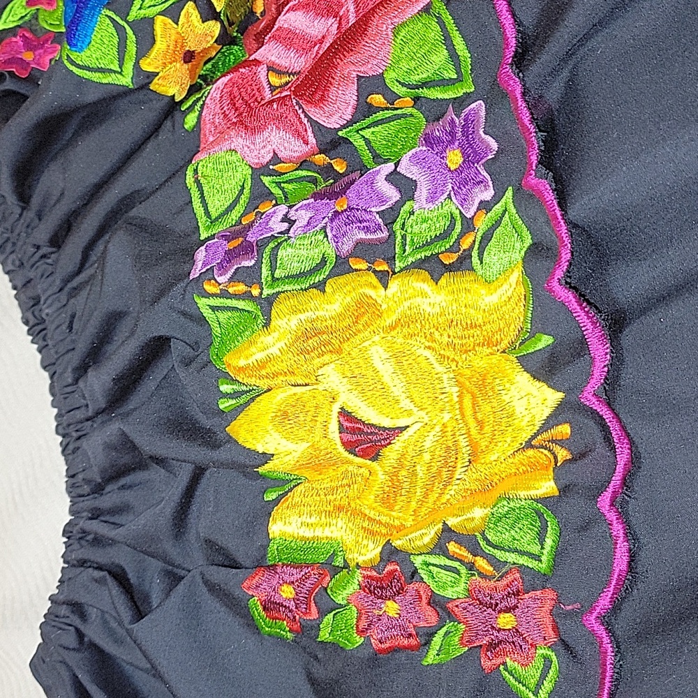 Floral Embroidered Womens Dress - Black with Multicolor Accents Off Shoulder - Picture 4 of 4